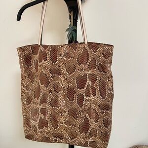 Sorial Metallic Brown Snake-Embossed fabric Shoulder Tote leather straps